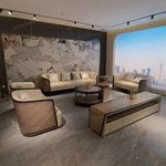 Warm Sand Leather Sofa Set with Natural Wood Veneer & Curved Silhouette